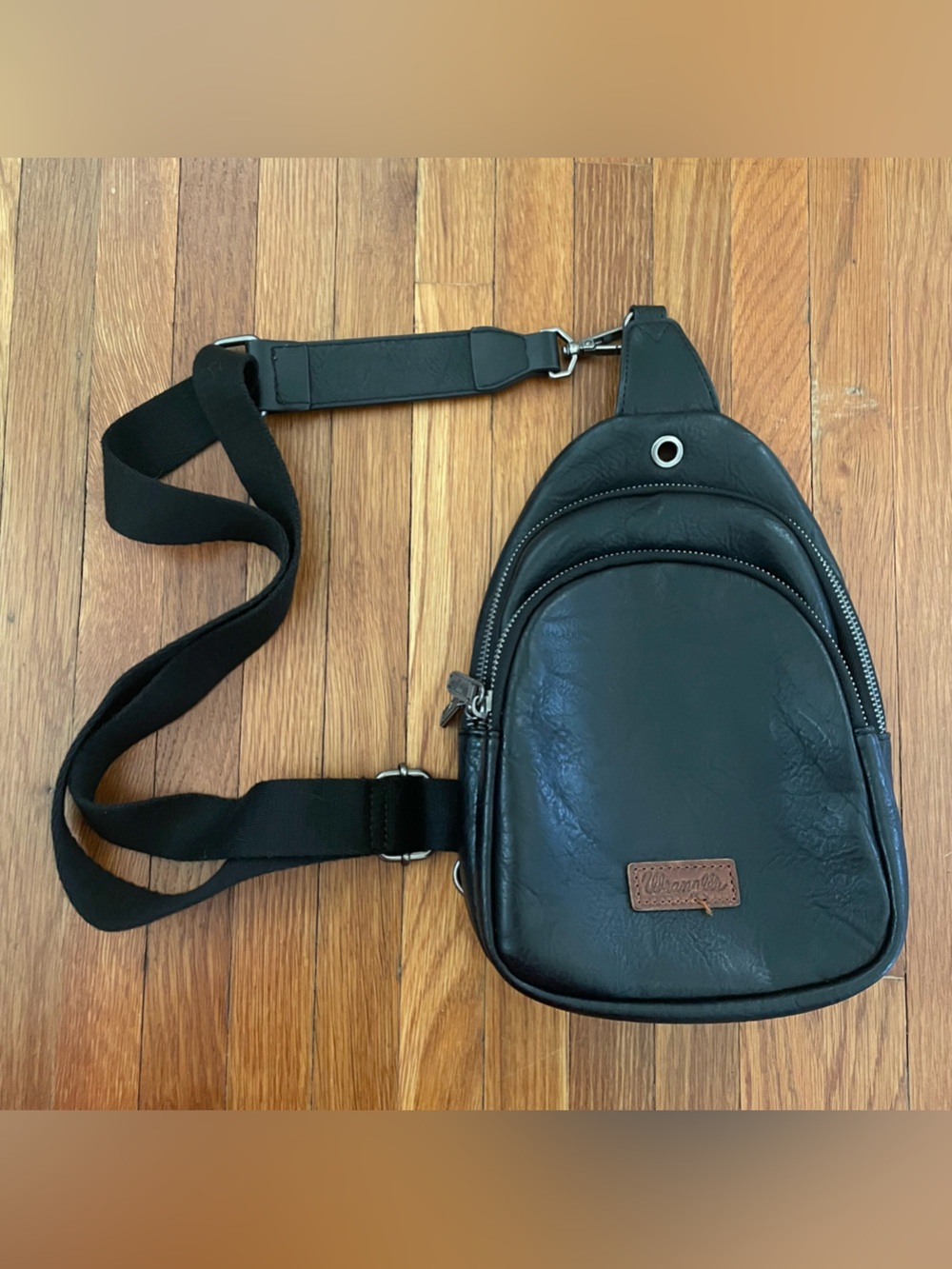 Wrangler Black Leather Sling Bag with Brown Logo Patch